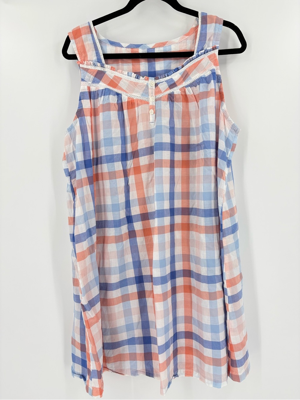 Cottagecore 100% Cotton Summer Nightgown House Dress Plaid Sleeveless Coral XL